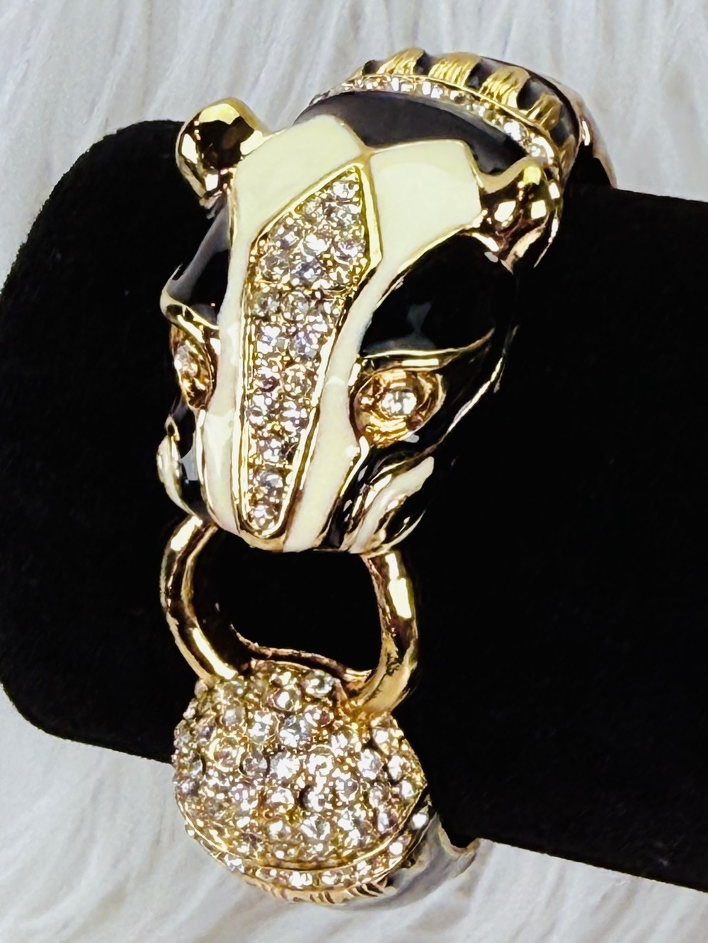 * Vintage Animal Motif Hinged Cuff Bangle Gold Tone Black Enamel